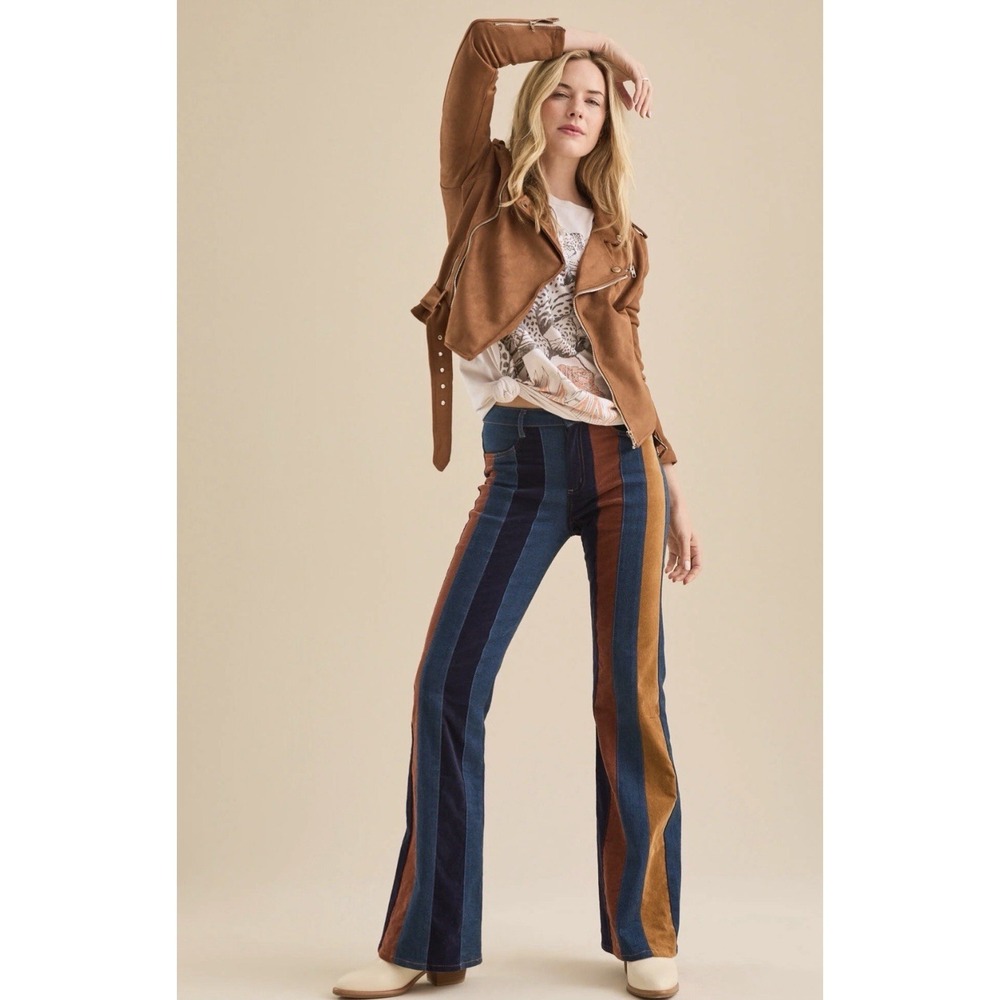 Altar'd State Flare Jeans Multi Colored Striped Boho Festival Sz 00 24 70's Vibe
